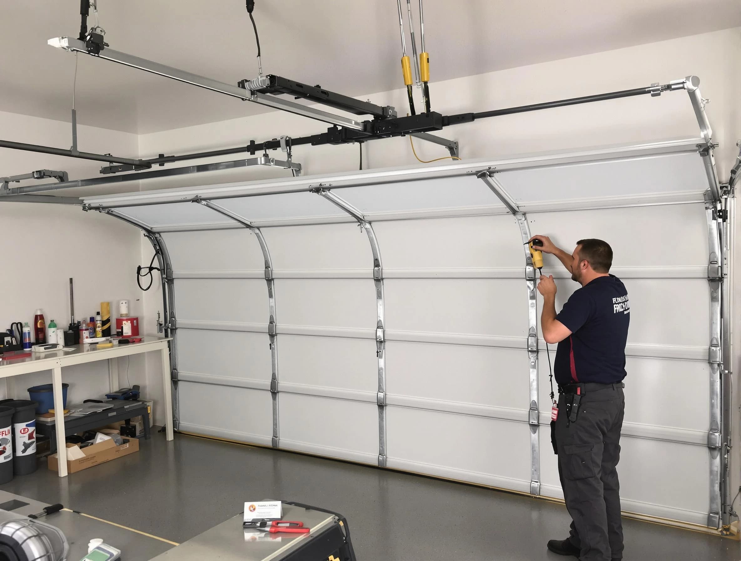 Ross Garage Door Repair certified technician performing overhead door system repair in Ross