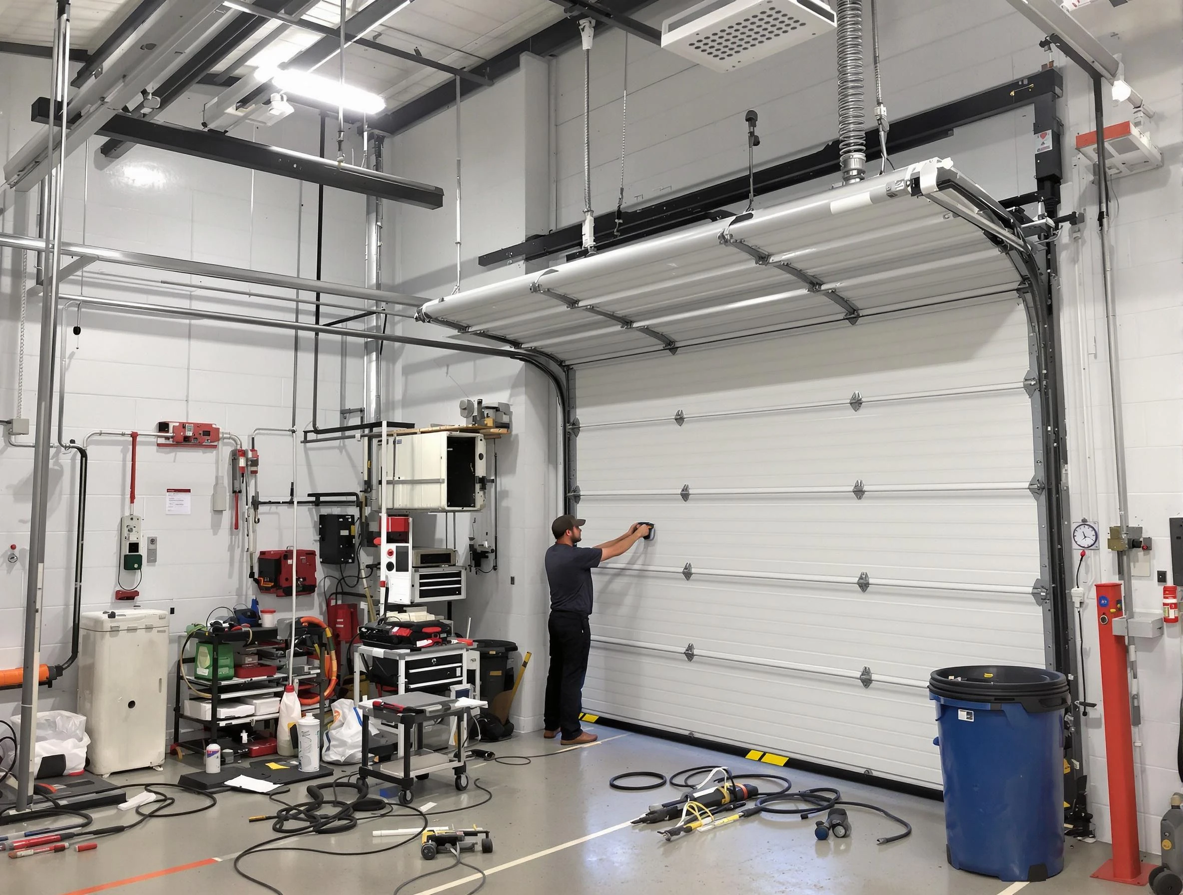 Ross Garage Door Repair certified technician performing commercial door repair at a Ross business facility