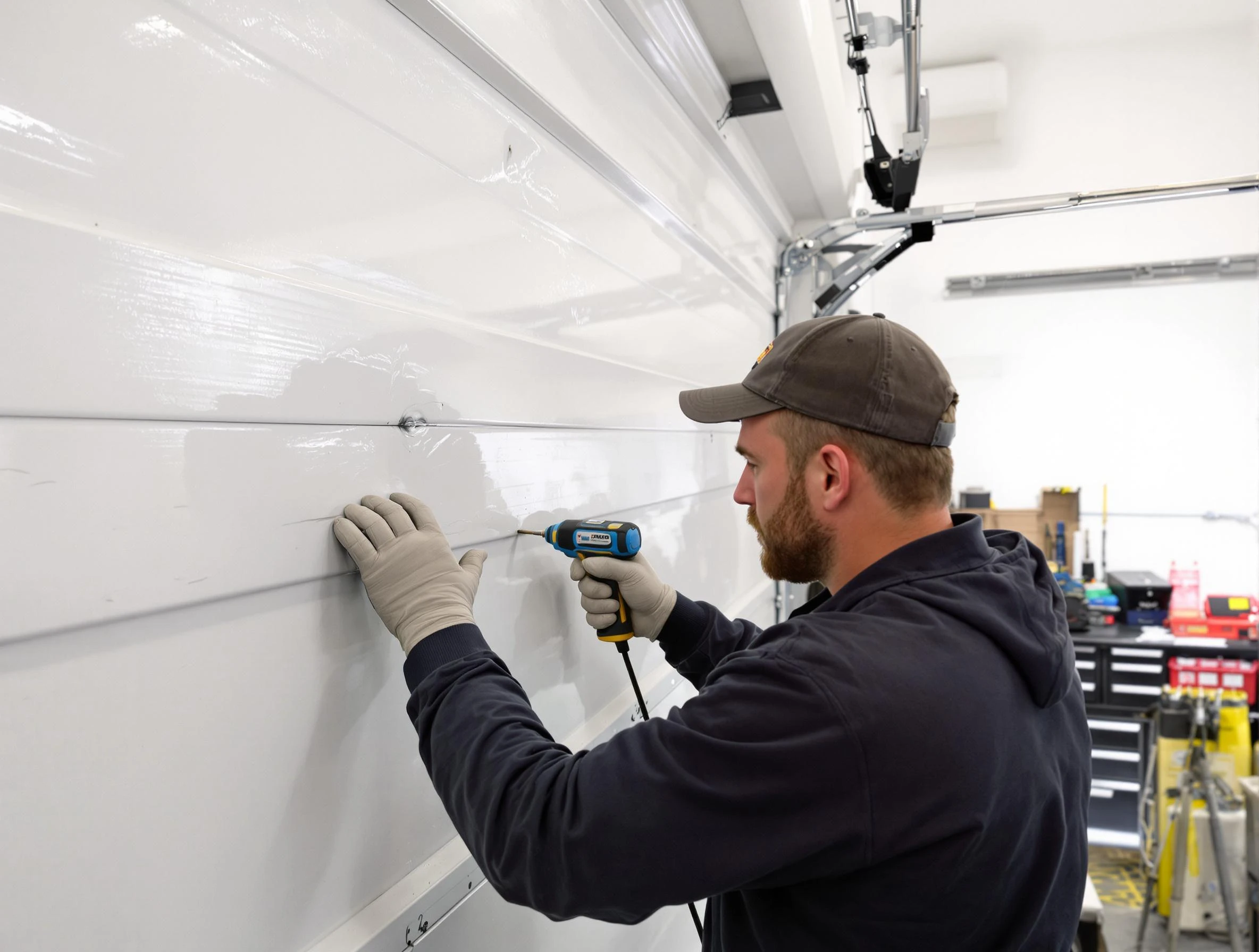 Ross Garage Door Repair technician demonstrating precision dent removal techniques on a Ross garage door